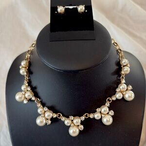 Vintage Faux Pearl & Rhinestone Choker Necklace with matching Earrings